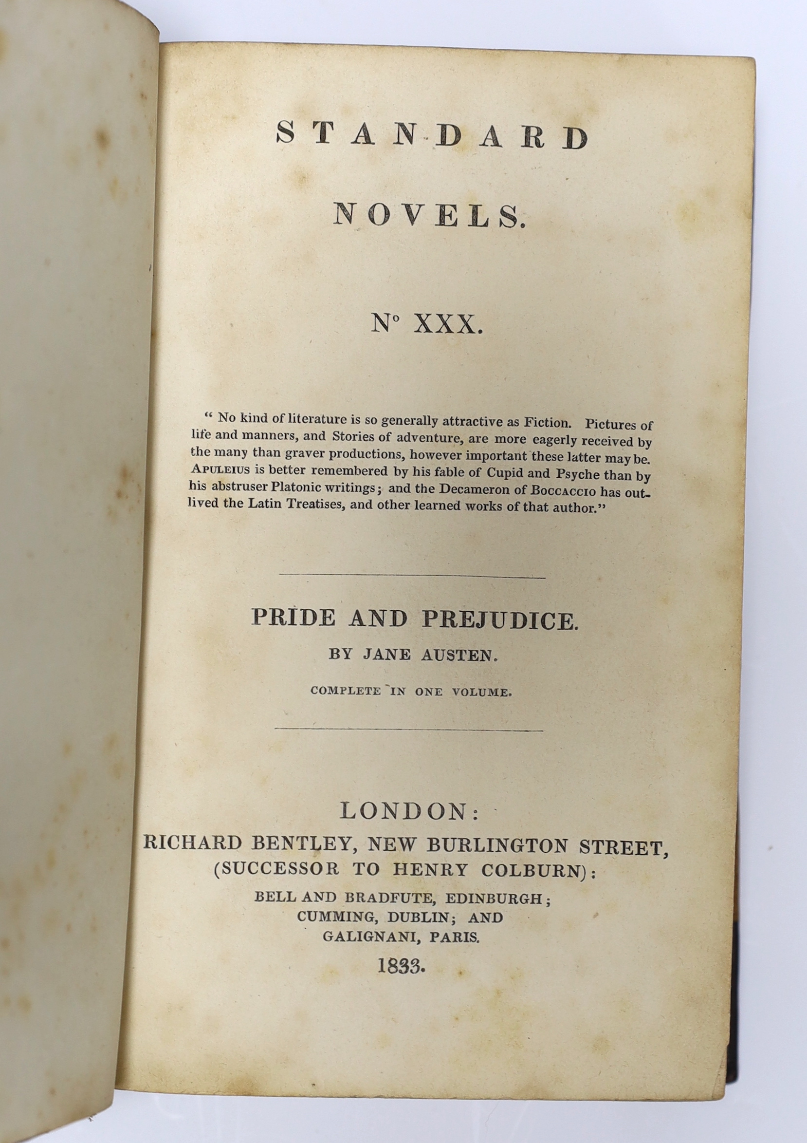 Austen, Jane - Pride and Prejudice, A Novel [Standard Novels series , vol. XXX], 8vo, red morocco, with marbled boards, engraved frontispiece and vignette title by William Greatbach after Ferdinand Pickering, with letter